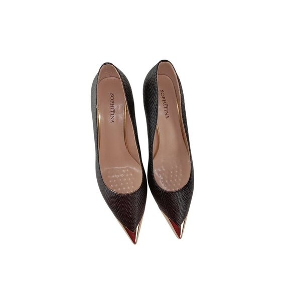Sophitina Womens Heels Black Leather Stiletto Pointed Toe Pump Cocktail Size 42 - Picture 2 of 9